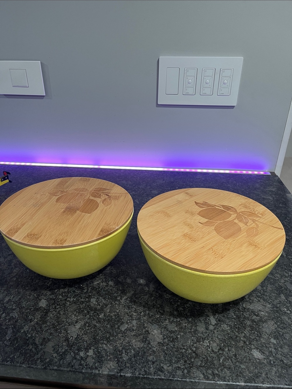 Shabby Chic Yellow Mixing Bowls with Bamboo Lids - Set of 2
